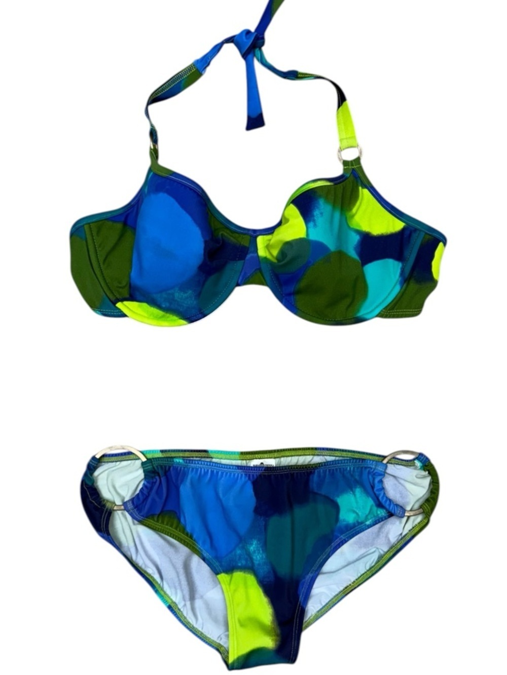 Tara Grinna Blue Green Abstract Bikini Set 38-42DD Underwire Top Bottom Size 12